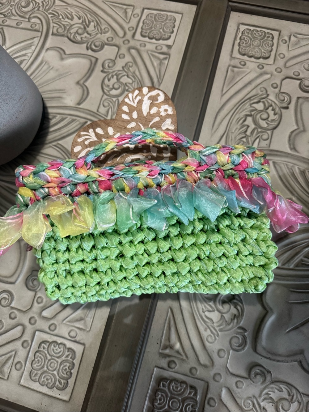 Bonita Bolsa Handwoven Mini Green Straw Bag with Pastel Trim by Yvonne